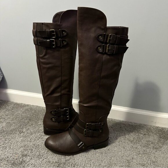 Dolce Vita Brown Buckle Knee High Boots 8.5 Riding Moto Chic Equestrian - Picture 2 of 15